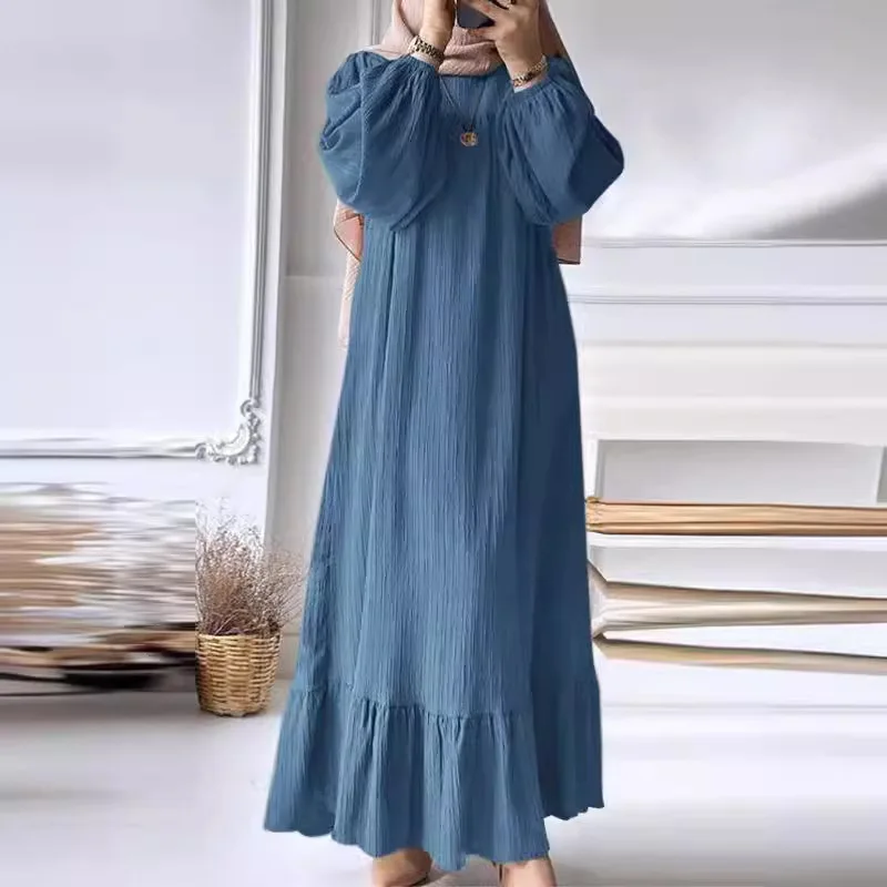 Elegant Muslim Dresses for Women New 2024 Spring and Autumn Fashion Bubble Sleeves Retro Pocket Hem Ruffle Edge Dress for Female