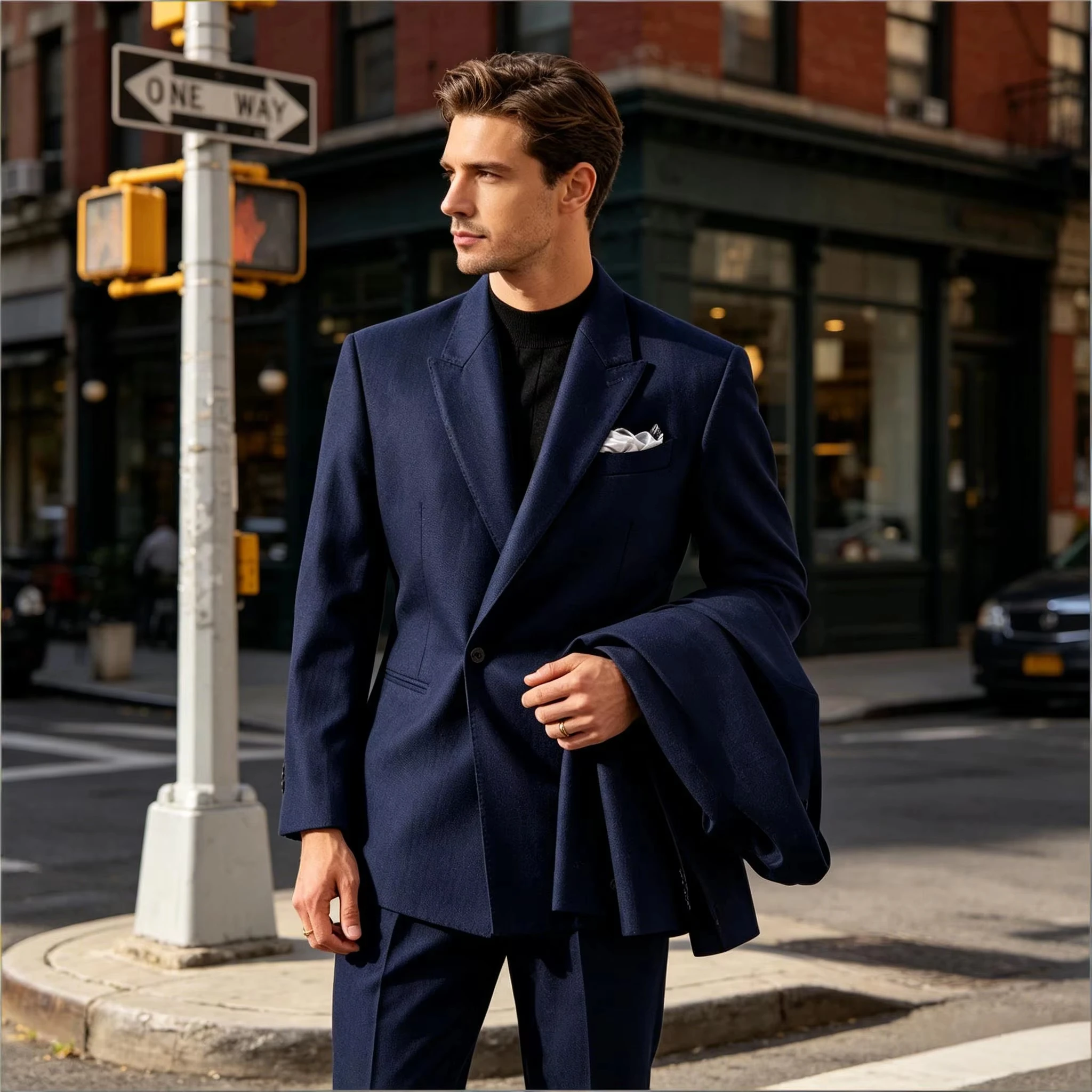 Men's Suit Set Jacket Premium One Button Peak Lapel Slim Fit Tuxedo 2 Piece Blazer Pant Casual Business Wedding Formal