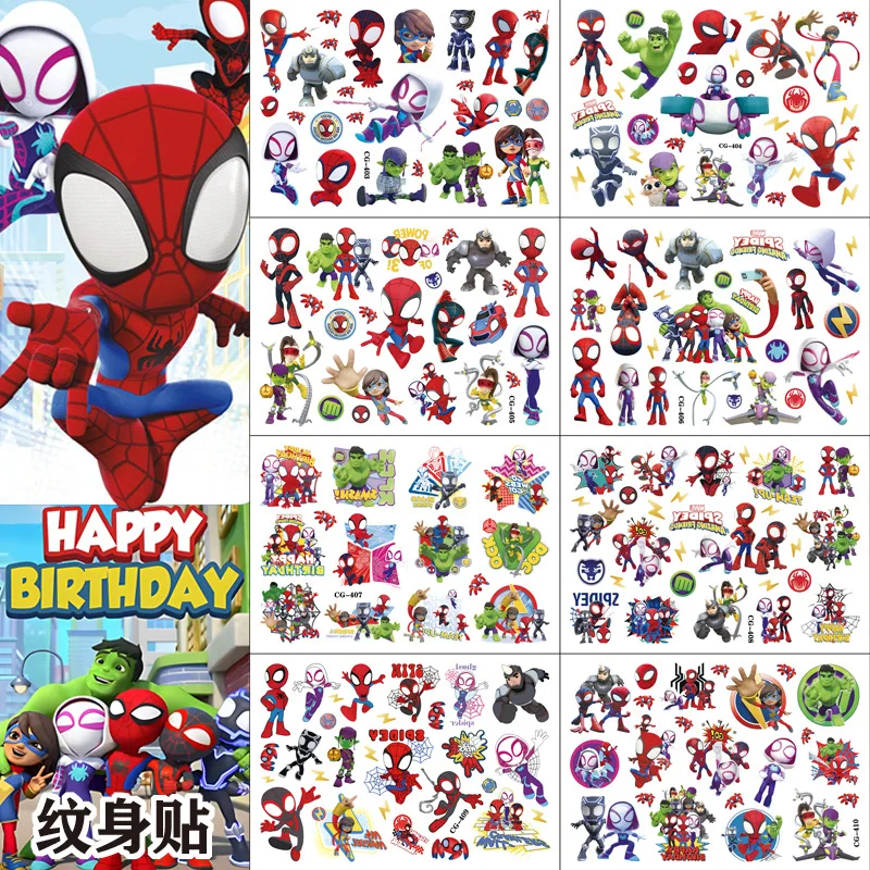 Disney-Marvel Spiderman Tattoo Adesivos, Anime dos desenhos animados, Homem-Aranha, Presentes de Aniversário Infantil, Arte Corporal, Aleatório, 2 peças