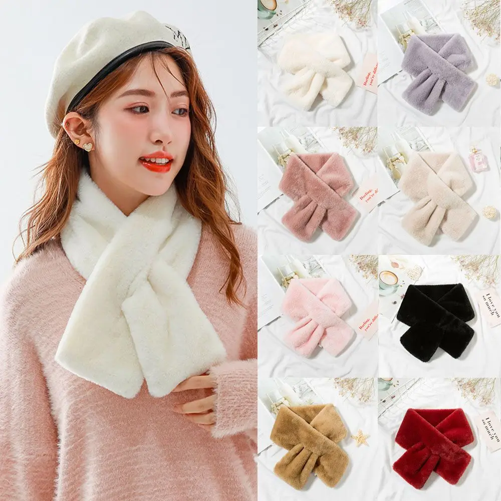 Solid Color Faux Rabbit Fur Plush Elegant Shawl Scarfs Women Winter Warm Thicken Cross Collar Scarf