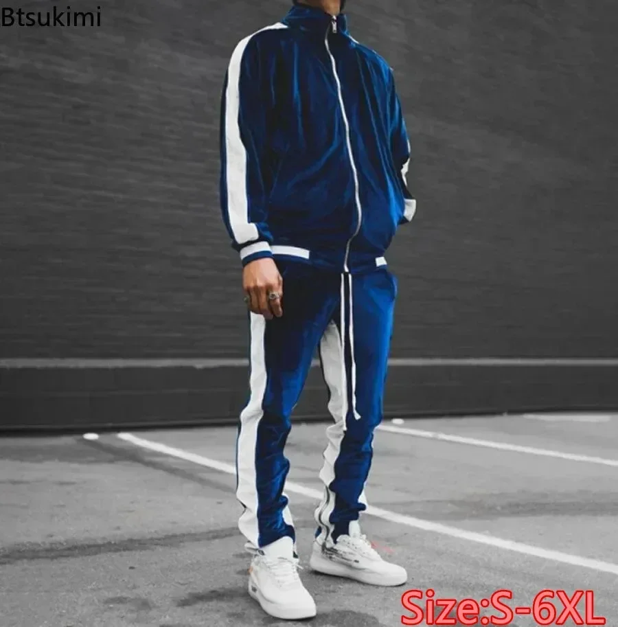 2024 Vintage Velvet Sets Men\'s Fashion Splice Stand Collar Zipper Tops and Sport Pants Two Piece Set Men Casual Tracksuit Outfit