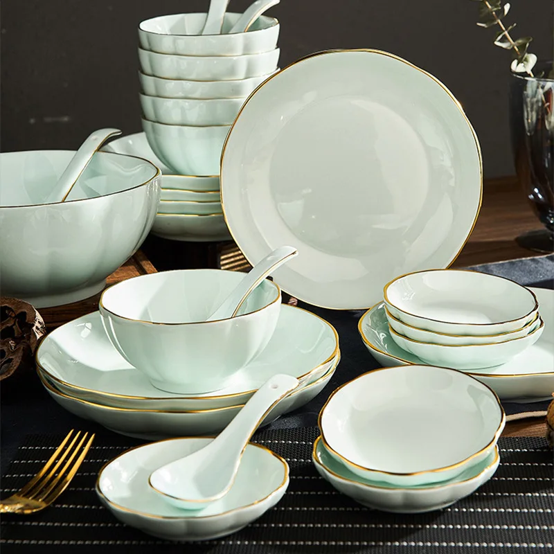56 Sets of Bone China Tableware in The Shape of Green Glaze Pumpkin with Gold Edge Jingdezhen Ceramic  Tableware Set