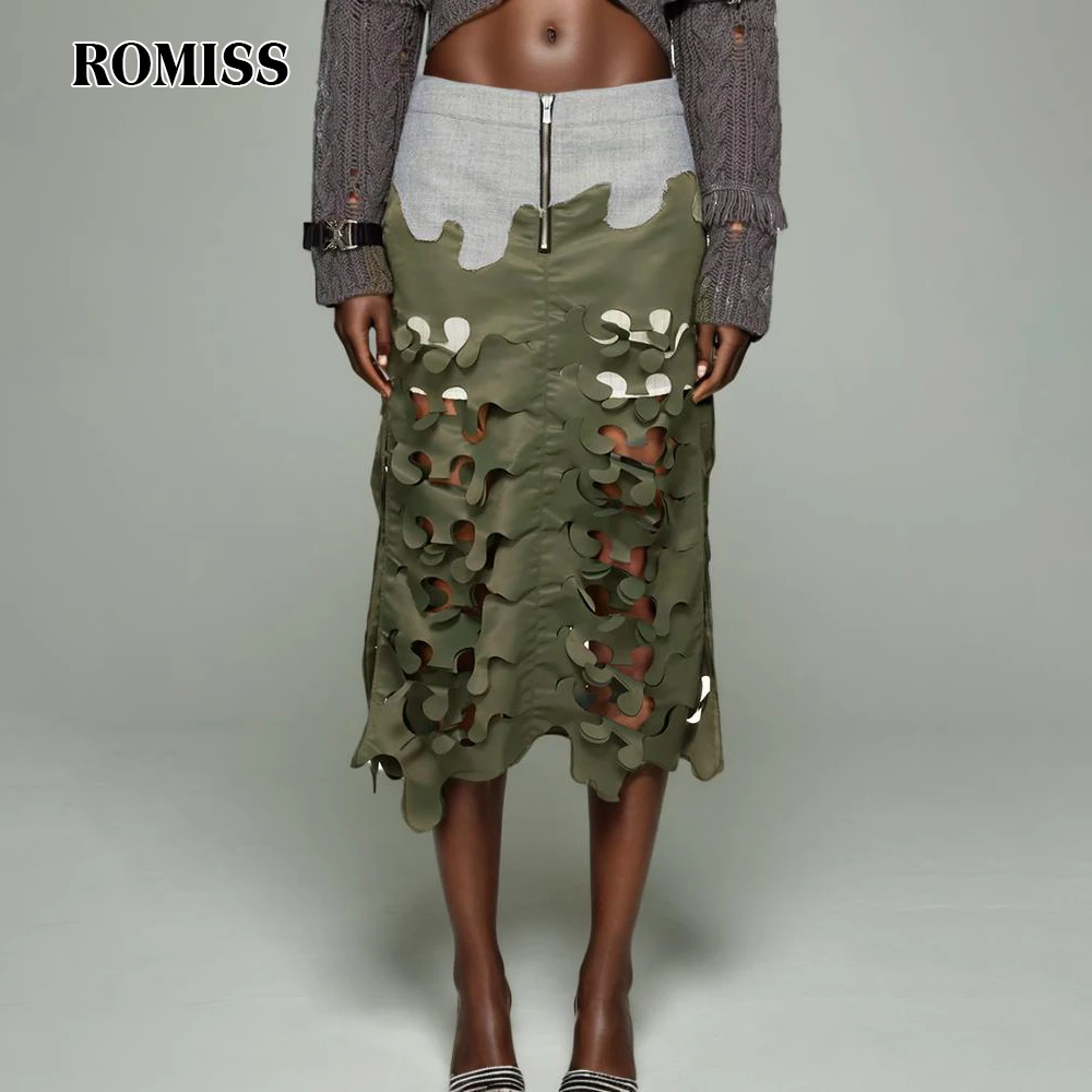 

ROMISS Hollow Out Fashion Skirts For Women High Waist Patchwork Zipper Hit Color Loose Split Streetwear Summer Skirt Female