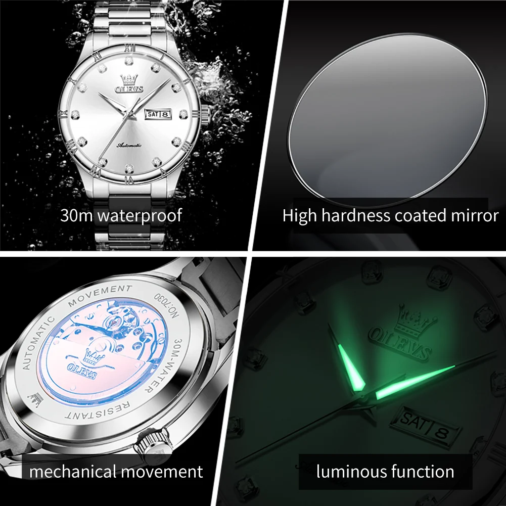 Reloj OLEVS 7030 para hombre, correa de acero inoxidable, escala de diamante, calendario doble clásico, relojes de pulsera mecánicos de lujo para hombres de negocios