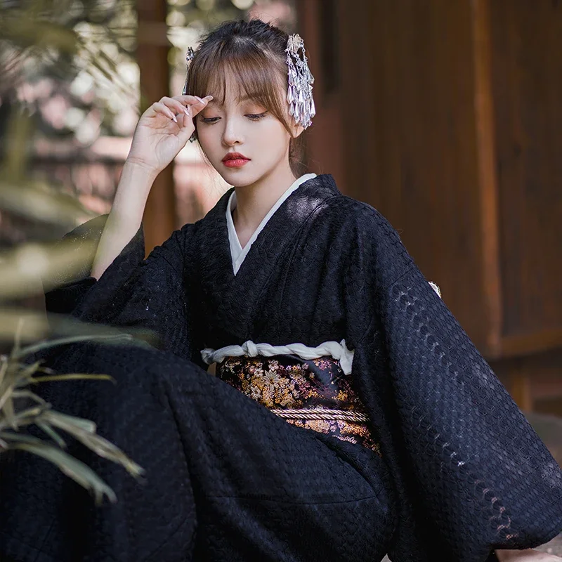 Women's Black Lace Kimono Japan Style Traditional Dress Classical Formal Yukata Photography Clothing Stage Dress