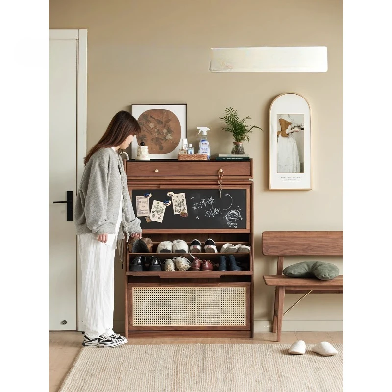 

Medieval solid wood black walnut shoe cabinet ultra-thin tipping bucket rattan entrance cabinet at home door change shoes