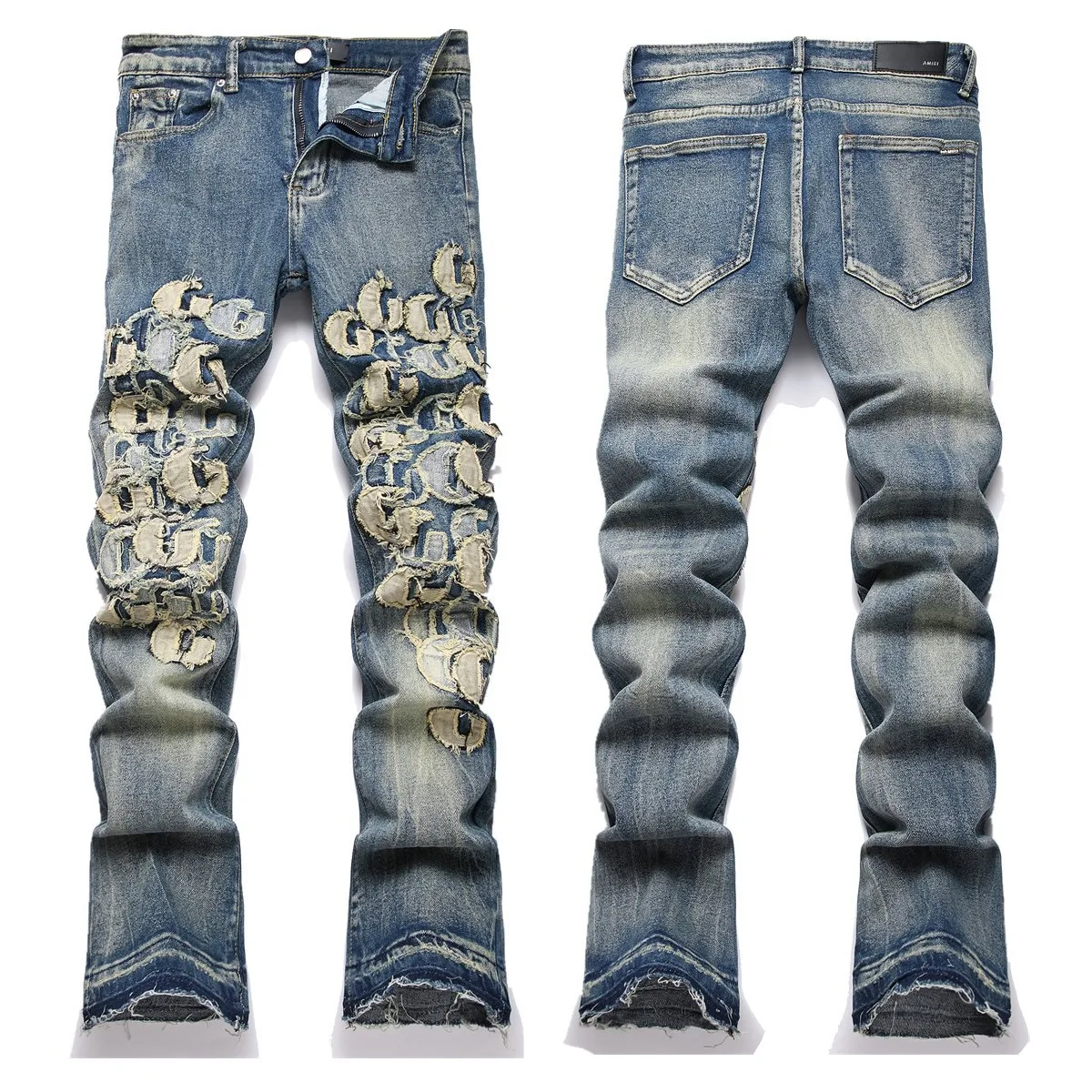 Hand Embroidered Jeans Men Gradient color Pattern Personality Cotton High Elastic Slim Trousers 3D High Street Wash Hole Skull