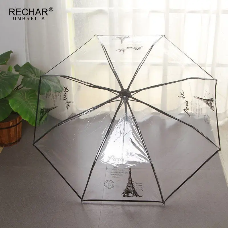 EVA transparent print umbrella paris tower 8K perspective three folding umbrella non-automatic girl rain tools White Blac