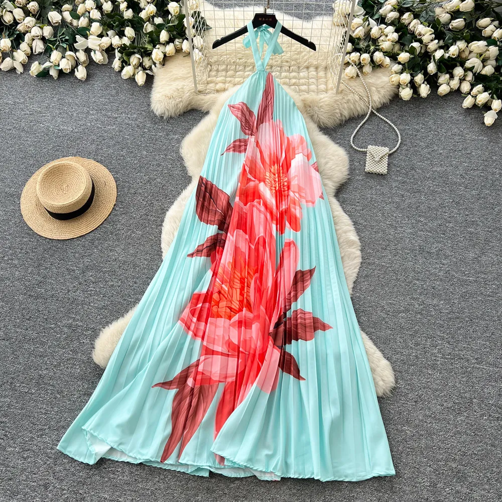 

Long Dress Women Dresses Beach Vestidos Y2k Streetwear Halter Sleeveless Print Floral Elegant Splice Party Night Work 2026