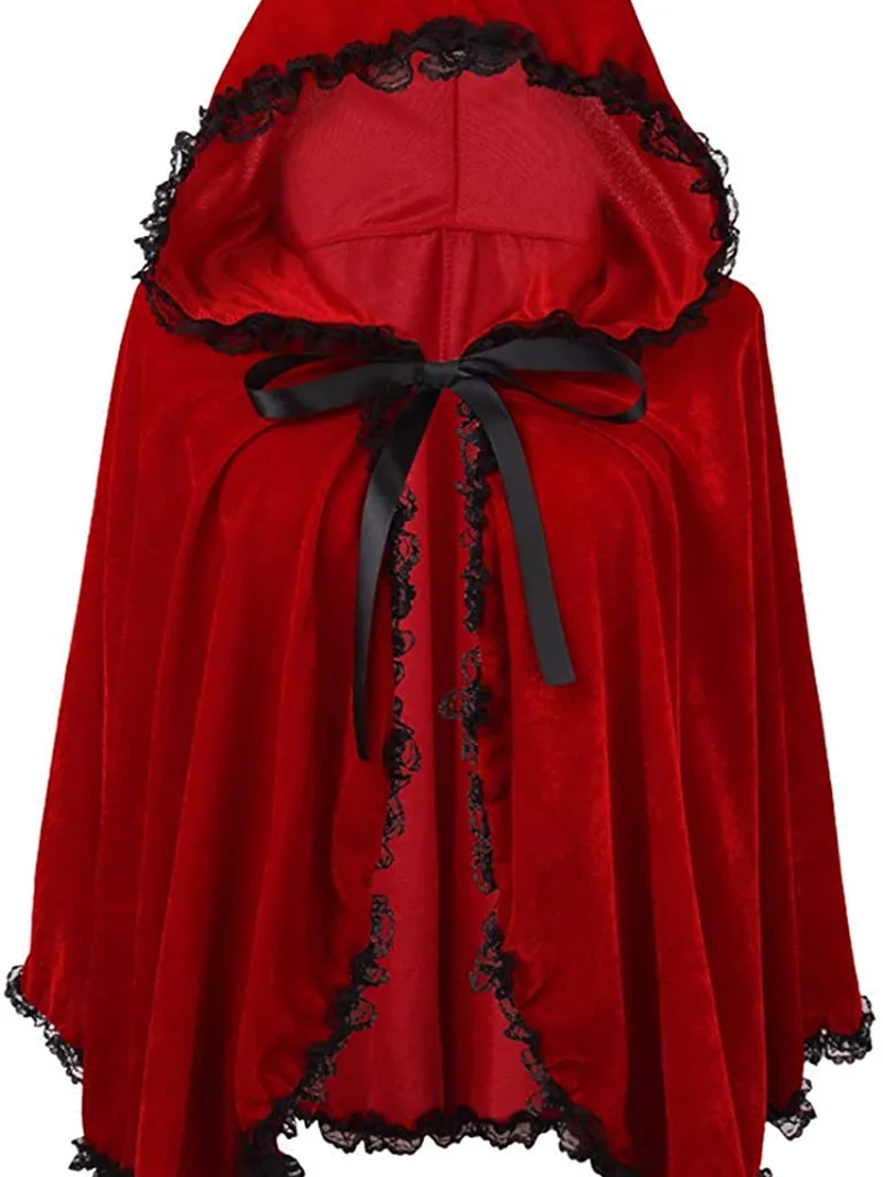New Ladies Halloween Costume Little Red Riding Hood Princess Hooded Shawl Stage Performance Lace Trim Cloak Jacket Women's Fa...