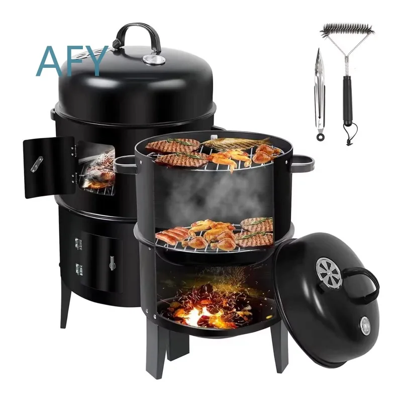 3 Layer 16 Inch Vertical Charcoal Grill for Outdoor Cooking BBQ Grilling Accessories Portable Round Grill for Patio Backyard