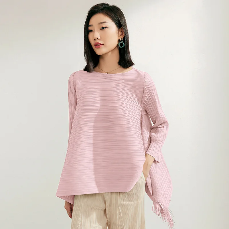 

Miyake 2023 New Three-curtilage Pleated A-line Loose Thin Top Women's Design Sense Small Fringe Tshirt Long Sleeve Medium Length