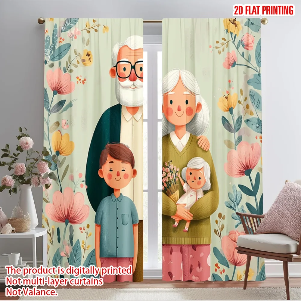 2pcs,2D plane printing Creative Curtains Grandparents' Day Party Versatile 100% Polyester (without rod) Decorations Inside Ldeal