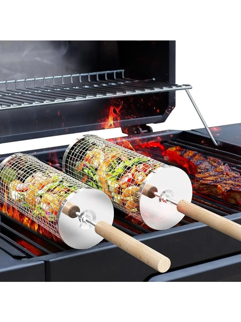 Cage à barbecue roulante avec manche en bois - Panier de barbecue extérieur | Cylindre de gril et filet de gril en acier inoxydable 304