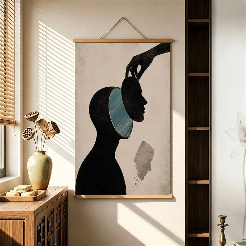 Wall Decor Surreal Silhouettes and Inner Worlds, Modern Conceptual Pearlescent Canvas Wall Hanging Scroll for Therapy Office