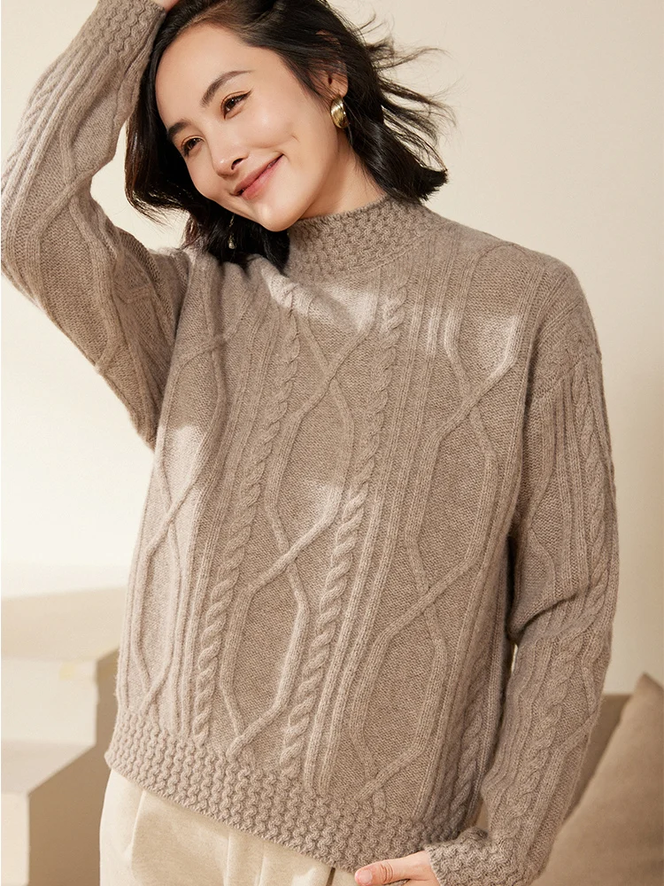 Women's Autumn Winter Mock Neck Pullover Cashmere Sweater Casual Loose Style 100% Merino Wool Knitwear Cable Knit Soft Warm Tops