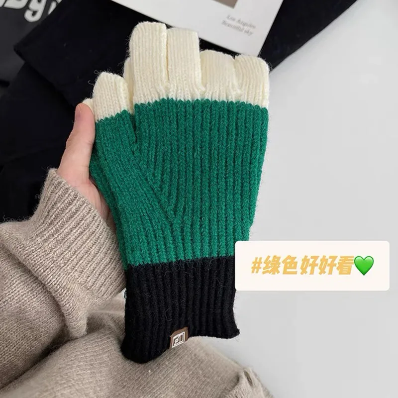 South Korea Contrast ColorinsCute Knitting Knitting Wool Gloves Women's Winter Warm Fashionable Screen Exposed Two-Finger