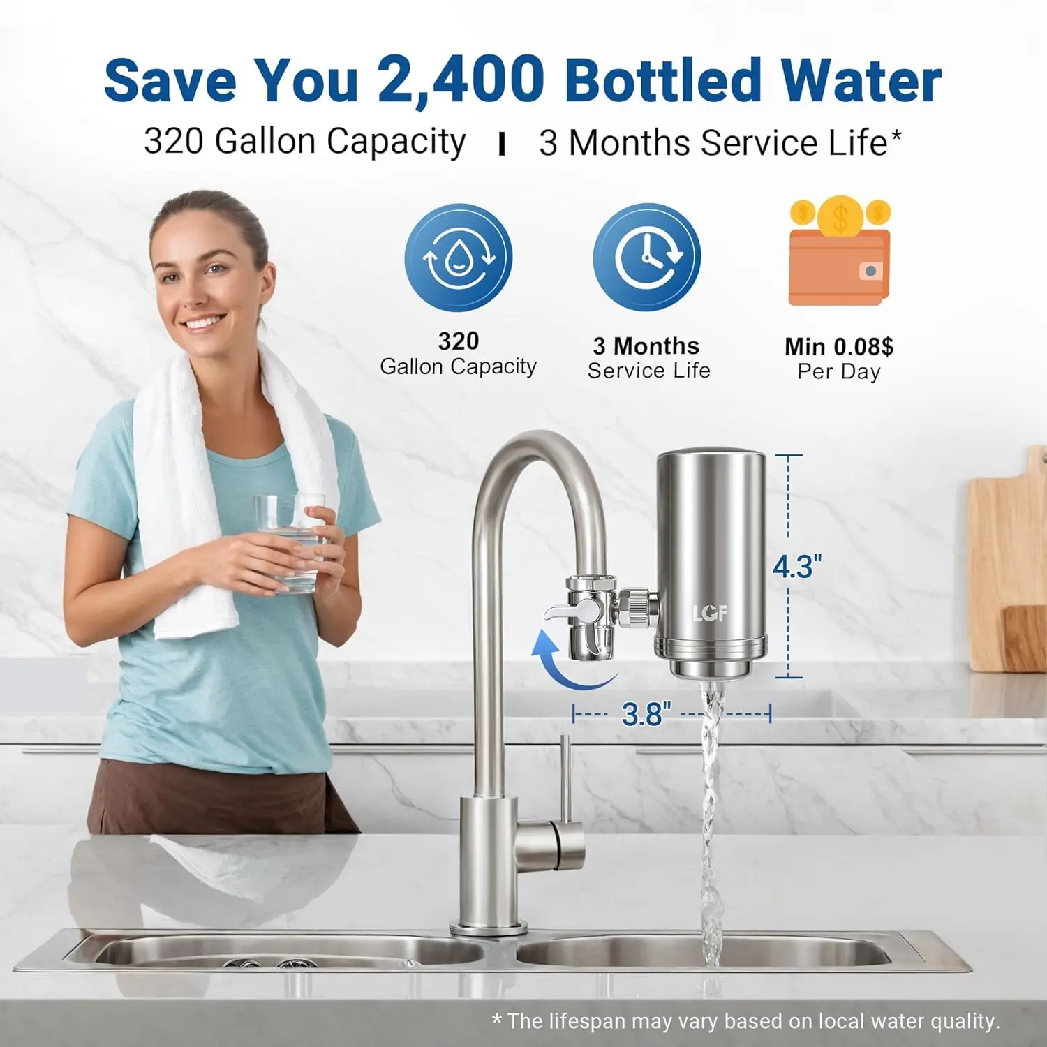 360° Rotating Stainless Steel Faucet Water Filter - High Flow, Mineral-Enhanced, Reduces Chlorine & Heavy Metals, Easy Install,