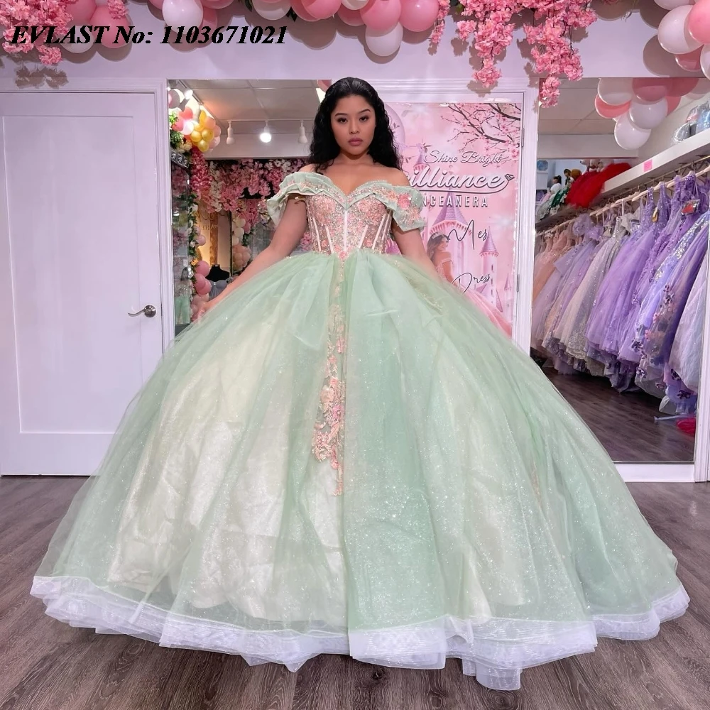 EVLAST Customized Mint Quinceanera Dress Ball Gown Pink Lace Applique Beading Crystal Corset Sweet 16 Vestidos De 15 Anos SQ580