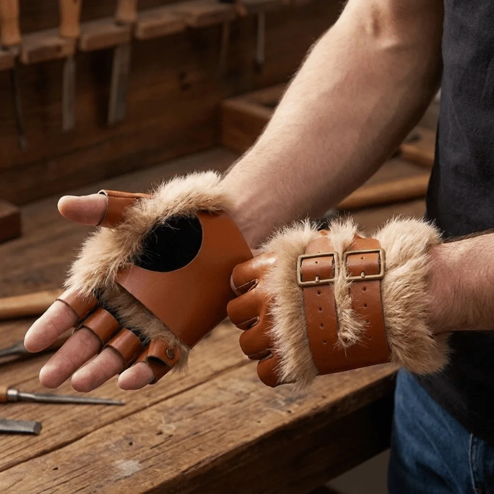 Steampunk Faux Fur Fingerless Gloves Adjustable Buckle Warm PU Leather Mittens Realistic Furry Gauntlet Halloween Party