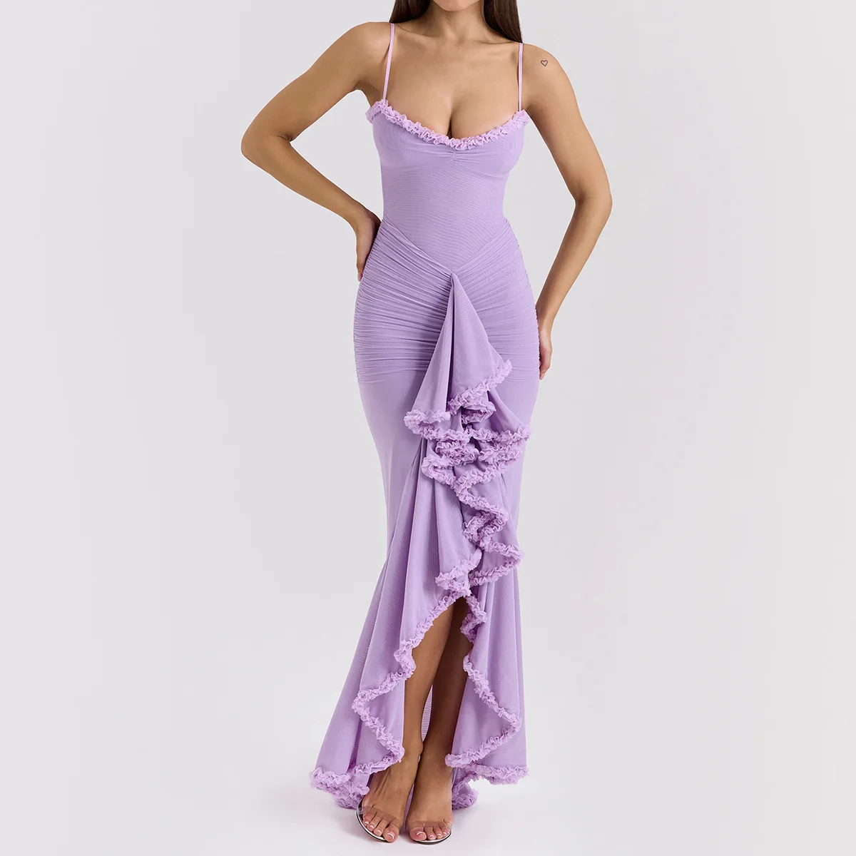 Articat Sexy Spaghetti Strap Ruffle Irregular Bodycon Party Club Evening Dress Women Mesh Suspender Spring Summer Holiday Beach