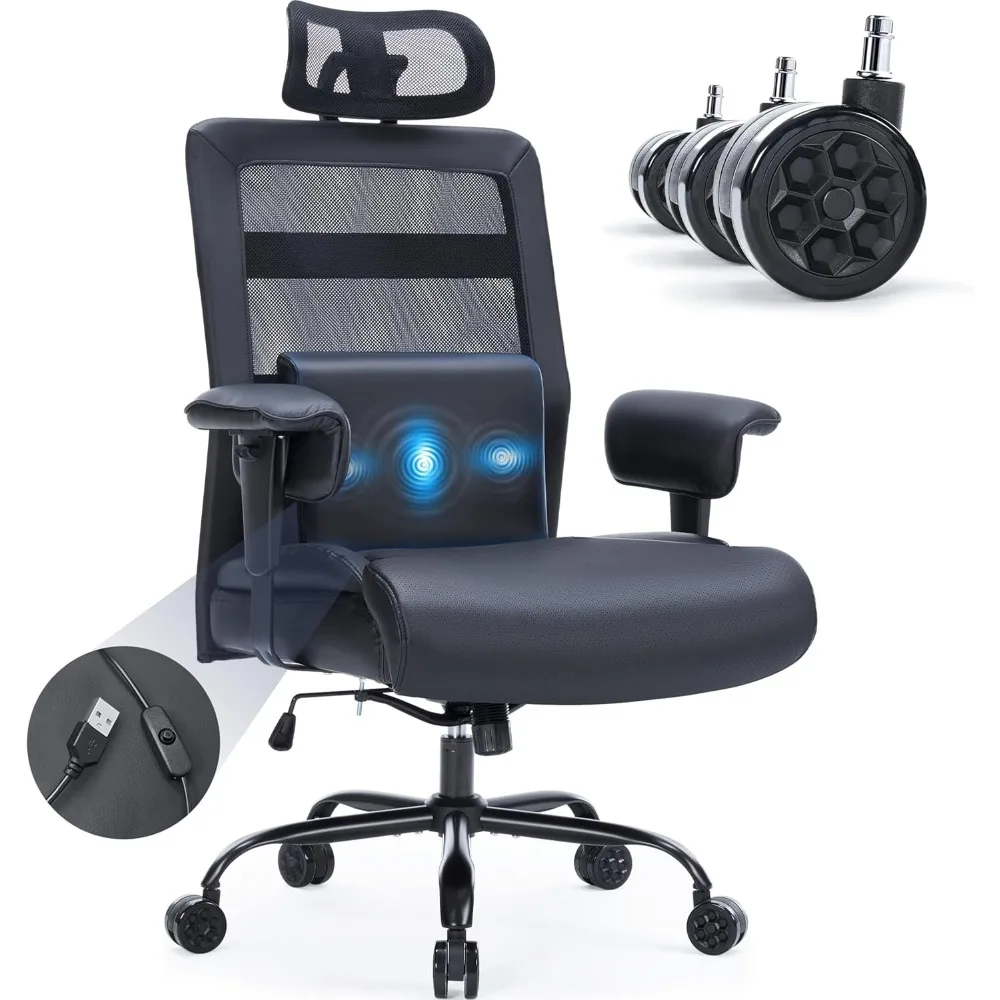 

500lbs Massage Big and Tall Office Chair, Plus Size Computer Chair with Extra Wide Seat Large Wheels, Heavy Duty Executive Offic