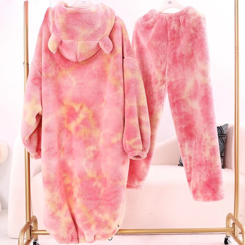 

Two Pieces Couple Pajamas Sets Winter Hooded Men and Women Sleeping Robe Warm Coral Velvet Suit Thickened Cute Kawaii Loungewear