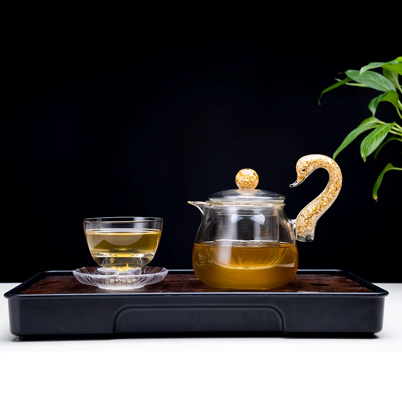 High Quality Gift Box Handmade 300ml Swan Gold Leaf Glass Teapot and Teacup Set