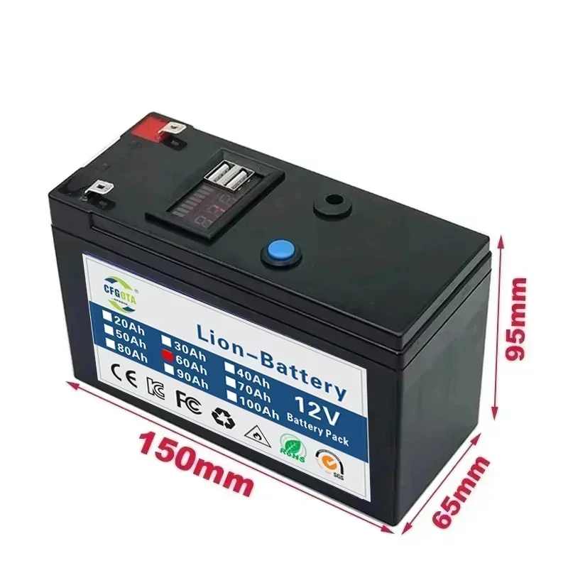 12V 60Ah Portable Rechargeable Battery LiFePO4 Lithium Battery Built-in 5V 2.1A Usb Power Display Port Charging