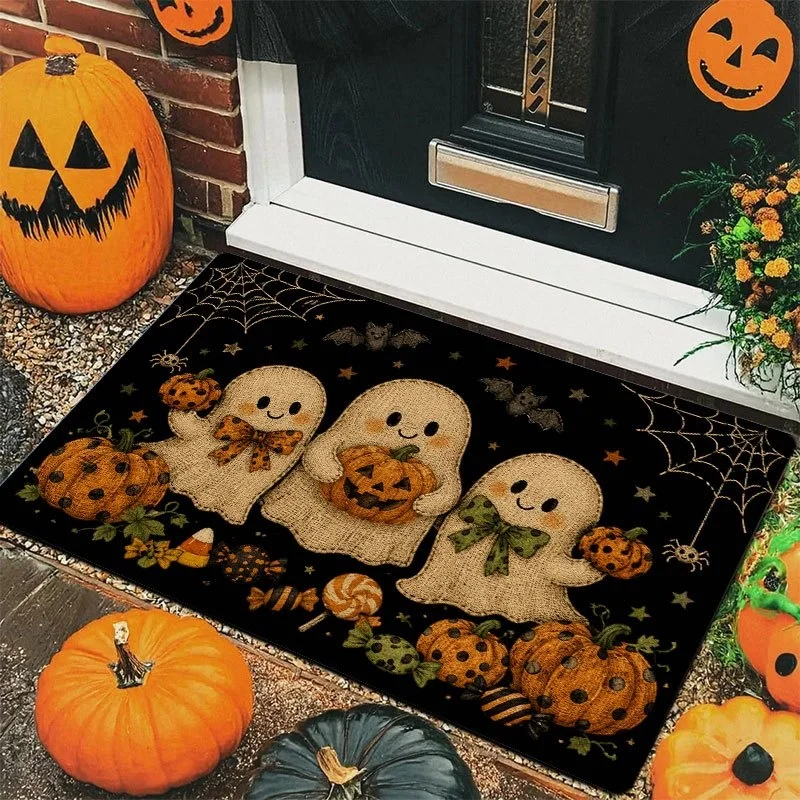 Retro Ghost Pumpkin Halloween Doormat, Spider Web Candy Print Entry Mat, Spooky Holiday Front Door Decor