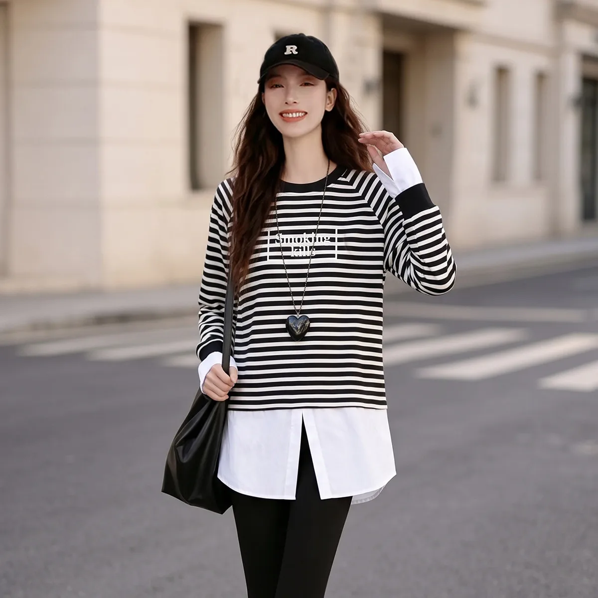 LOUIS YAO Striped T-shirt 2026 Spring Autumn Women's Sweatshirt Patchwork Shirt Hem Loose Casual Round Neck Long Sleeve T-shirt