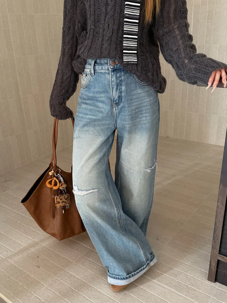 Jeans lavati vintage streetwear strappati moda pantaloni larghi in denim pantaloni casual da donna a vita alta larghi gamba larga retrò Vaqueros