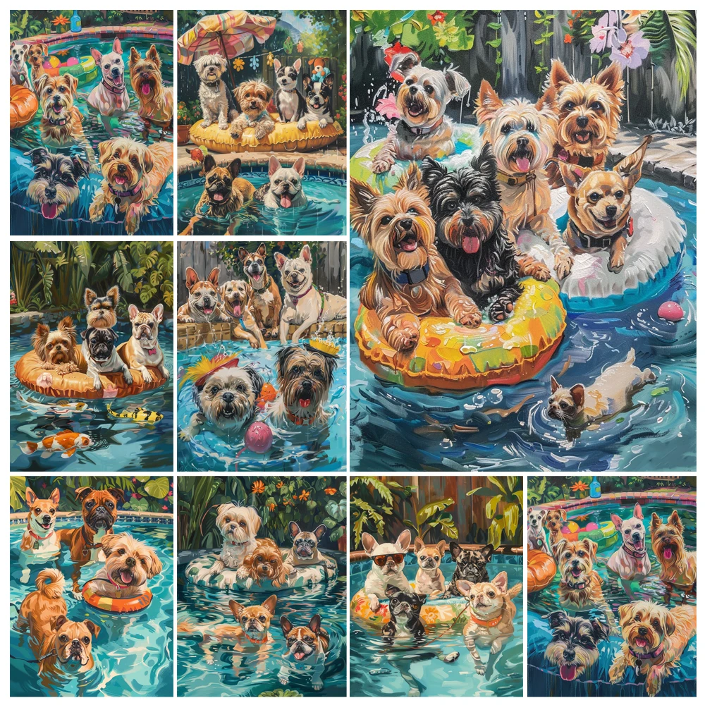 Malen nach Zahlen der Hund bei der Schwimm party Tiere Erwachsenen Acryl Kit DIY Kunst Farbe Canva Kunstwerk Geschenk Haupt dekoration