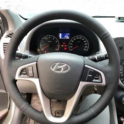 For Hyundai Solaris Verna I20 Accent 2008-2012 Hand-stitched Durable Artificial Leather Black Steering Wheel Cover