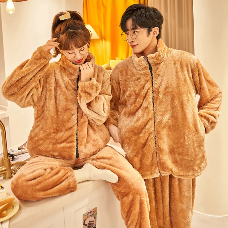 Pyjama en peluche pour couple, cardigan à fermeture éclair, flanelle épaissie, costume ample, vêtements de maison en polaire pour hommes et femmes, automne et hiver