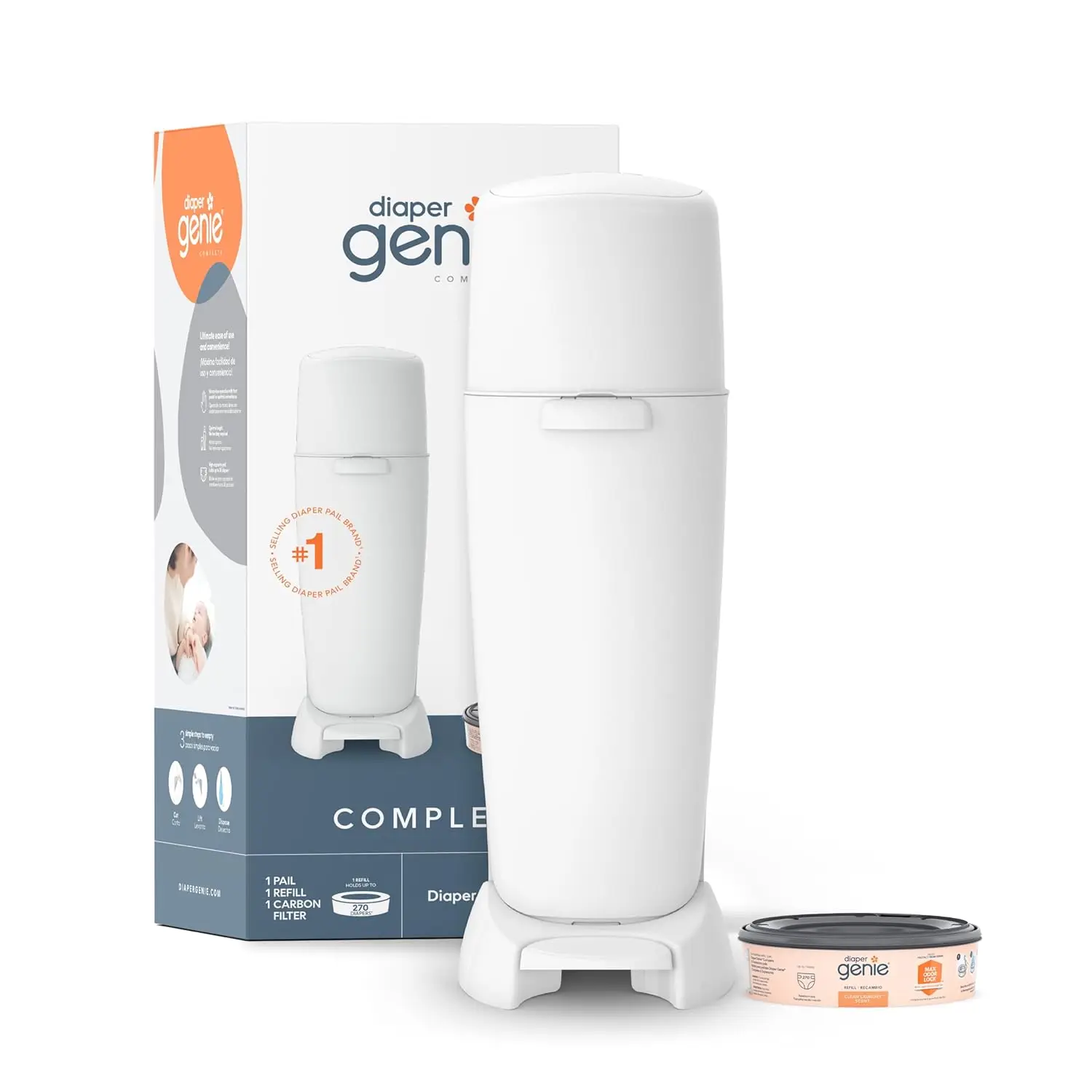 

White Diaper Pail with Refill & Carbon Filter, Holds 270 Newborn Diapers
