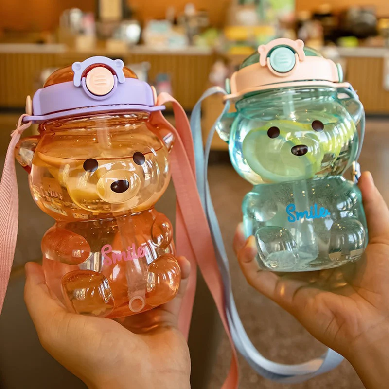 1000ML Children's Water Bottle for Girls Kids Kawaii Cute Bear Kettle with Straw Plastic Drinking Bottle Summer Drinkware