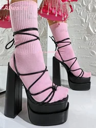 Black Double Platform Sandals Chunky Heels Square Toe Cross Strap Lace Up Summer Sandals for Women 2023 New Solid Twist Shoes