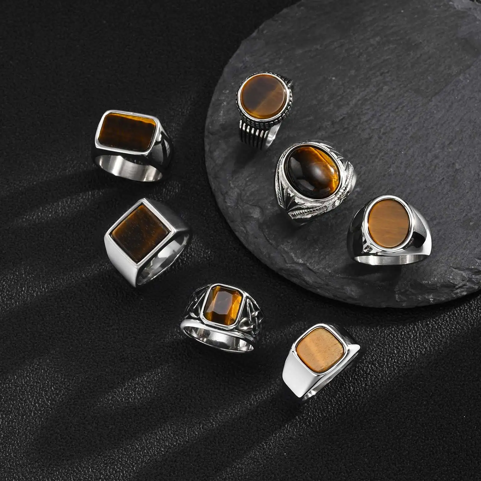 Vnox Herren-Siegelring aus Edelstahl, Fingerring mit natürlichem Tigerauge-Stein, Vintage-Statement-Schmuck, Geschenk für Freund, Vater – Detail 8