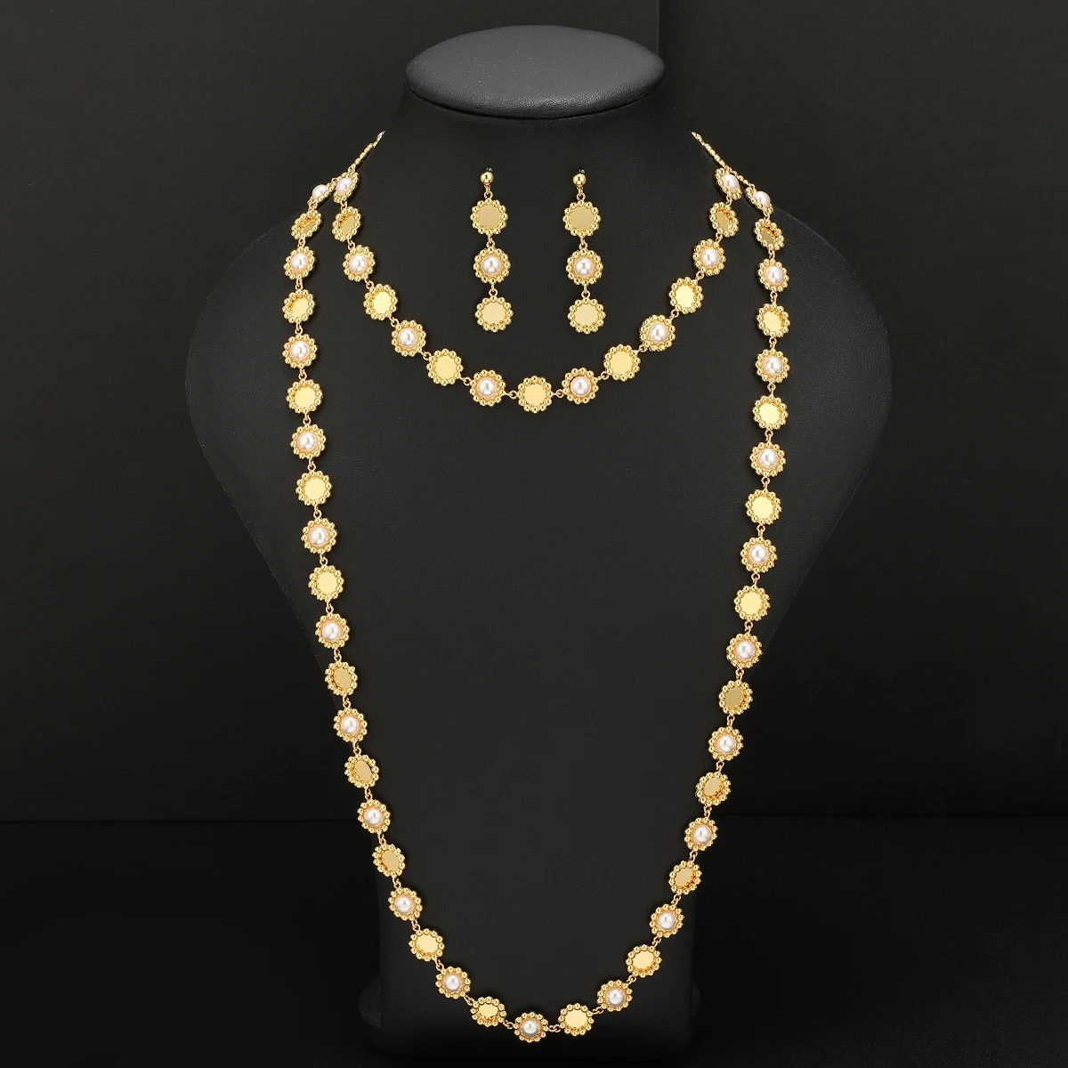 

Женский модный классический золотой комплект украшений: длинное ожерелье-цепочка, серьги, чокер, медный жемчужный цветочный дизайн, ближневосточный этнический стиль