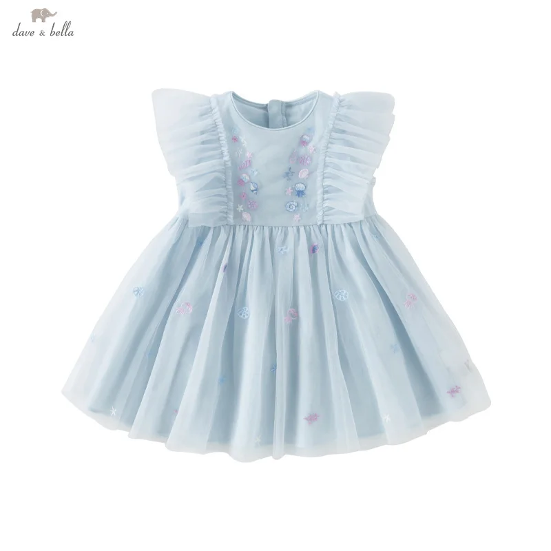 Dave Bella Girls Baby Princess Dress Summer Sweet Shell Embroidery Kids Mesh Elegant Dress Party Outdoor Seaside DB2251295