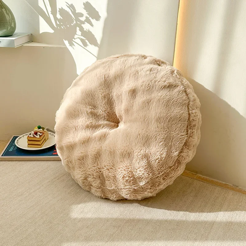 Faux Rabbit Fur Round Pouf Ottoman Super Soft Thick Chair Cushion for Autumn and Winter Aesthetic Warm Living Room Floor Seating