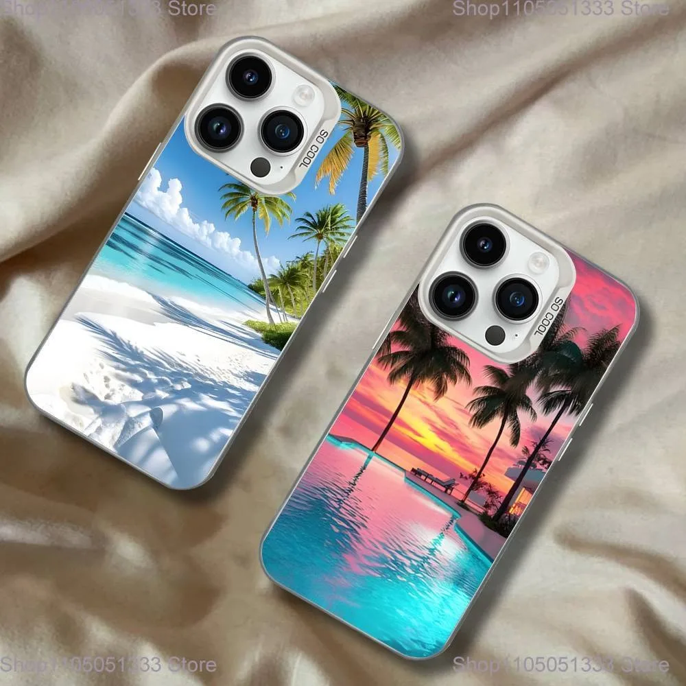 

Sea Tropical Palm Trees Beach Phone Case For iPhone 16,15,14,13,12,11,Pro,XS,Max,Plus,Mini,SE White Candy Matte Shockproof Cover
