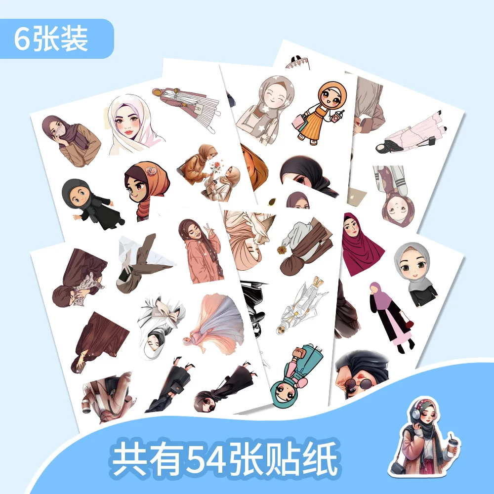 

54PCS Cartoon Headscarf Girls Graffiti Stickers Cute Decorative Decals for Water Cup Guitar Phone Laptop Waterproof Seal Labels