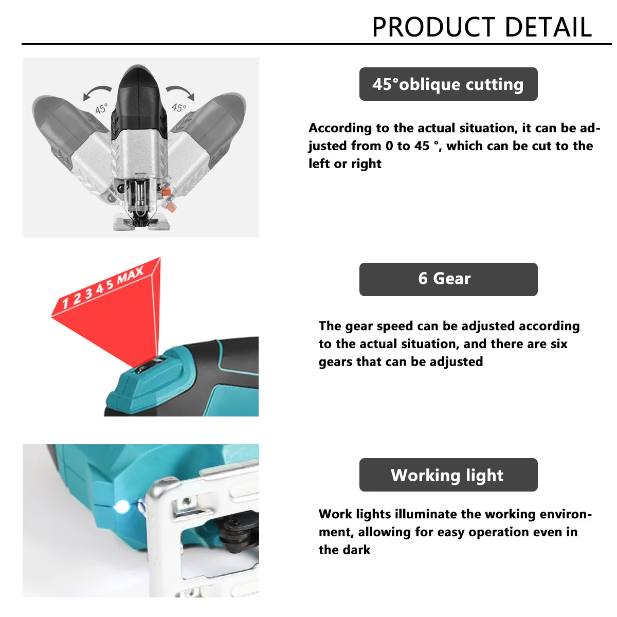 65mm 18V Cordless Jigsaw Electric Jig Saw Blade Adjustable Woodworking LED 6 Gear Speed Power Tool for Makita 18V Battery