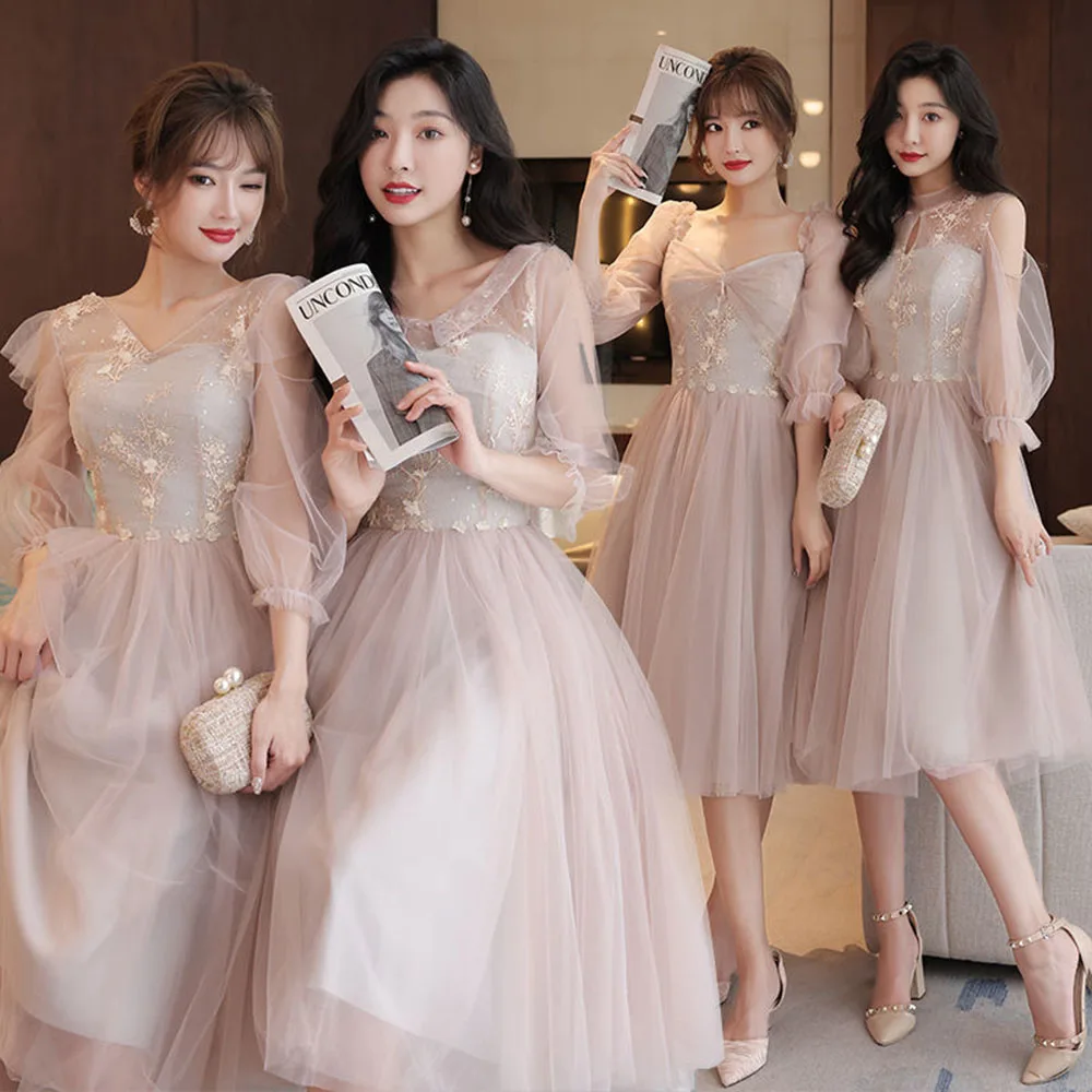 4 Styles Elegant Simple Bridesmaid Dress Women's Tulle Half Sleeves Slim Fit Design A-Line Dress Applique Wedding Party Vestido