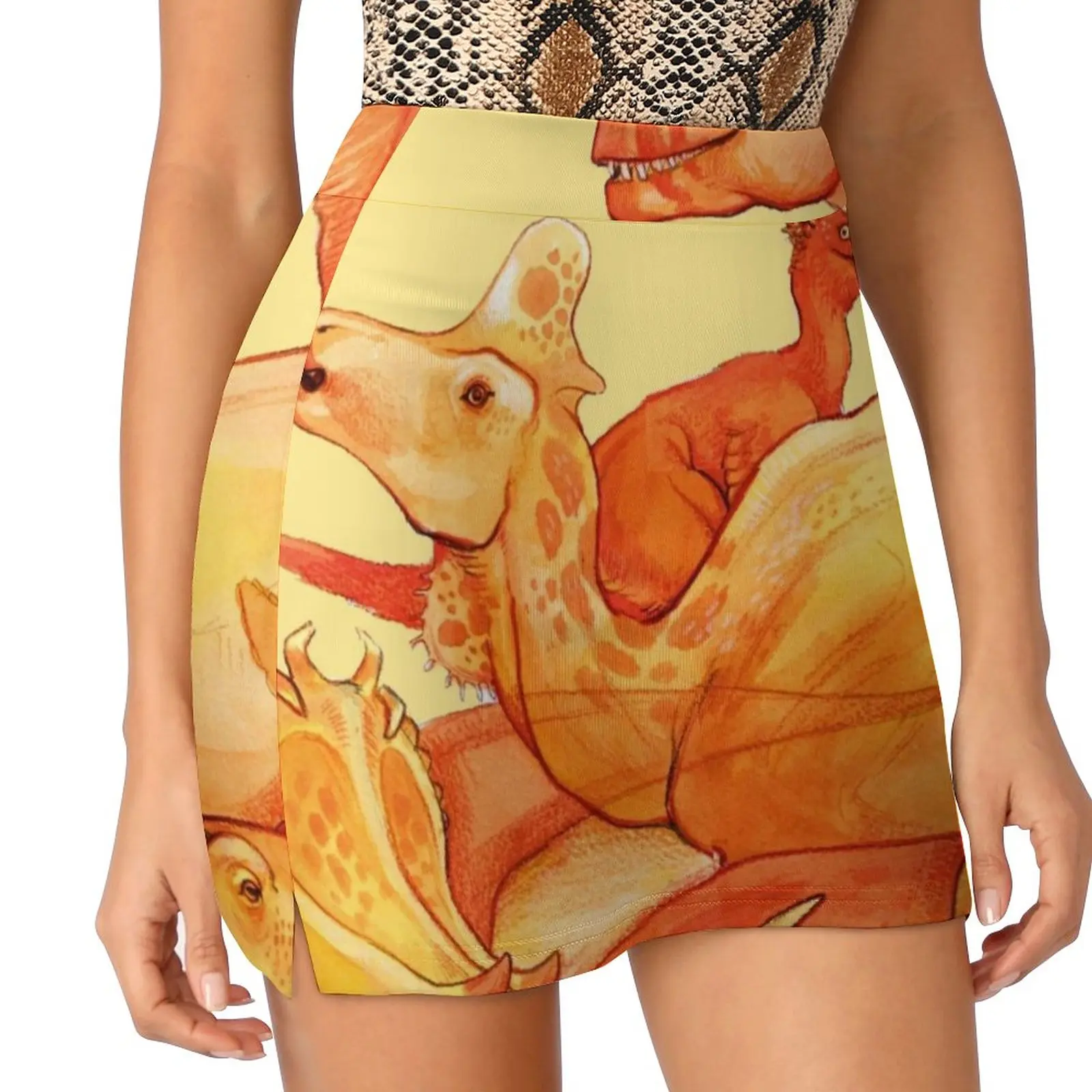 

Cretaceous Congregation-Orange & Yellow Dinosaurs Women's skirt Aesthetic skirts New Fashion Short Skirts Dino Dinos Dinosaurs