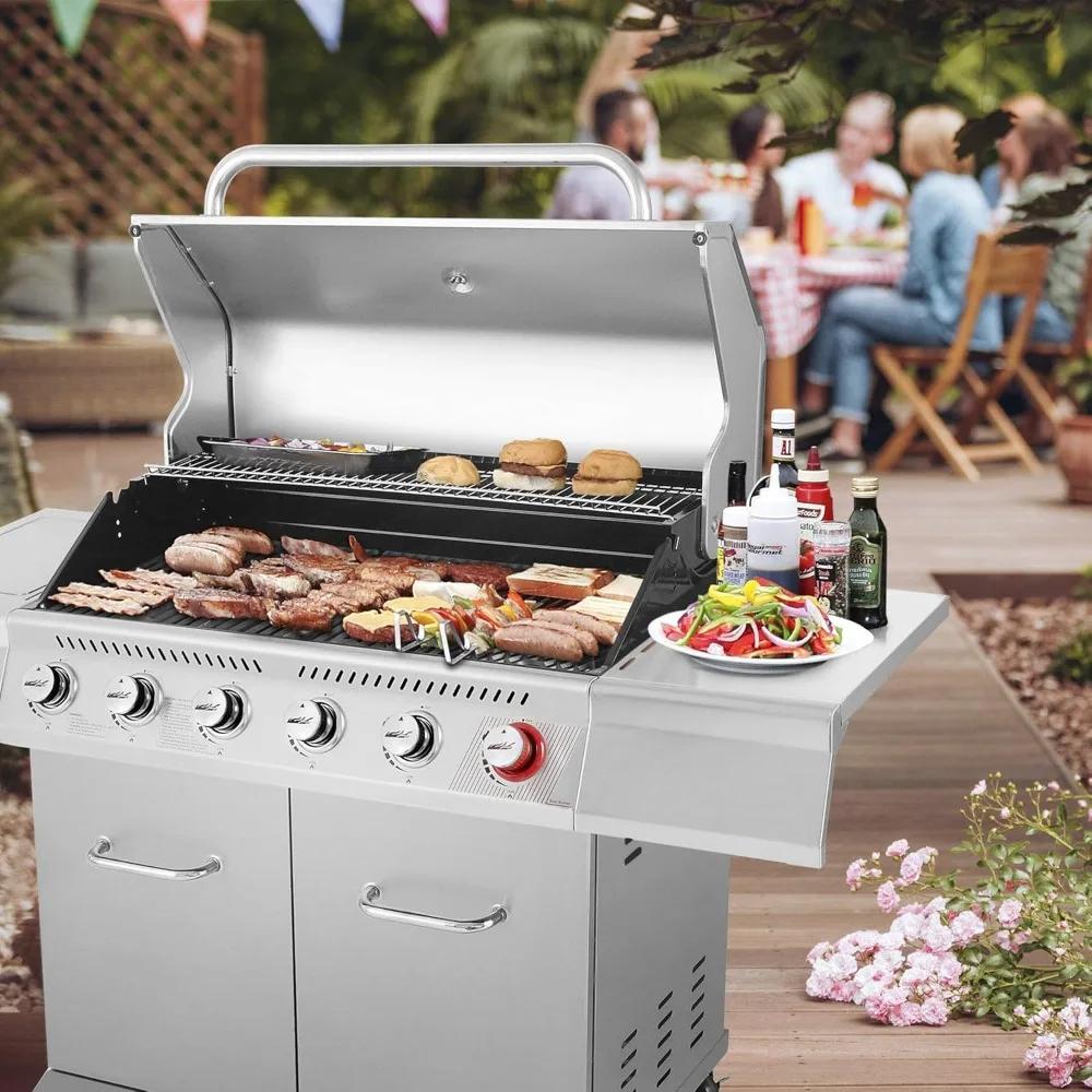 6-Burner Propane Grill with Side Burner and Warming Rack 74000 BTU Cinet Style Outdoor BBQ Grill for Backyard