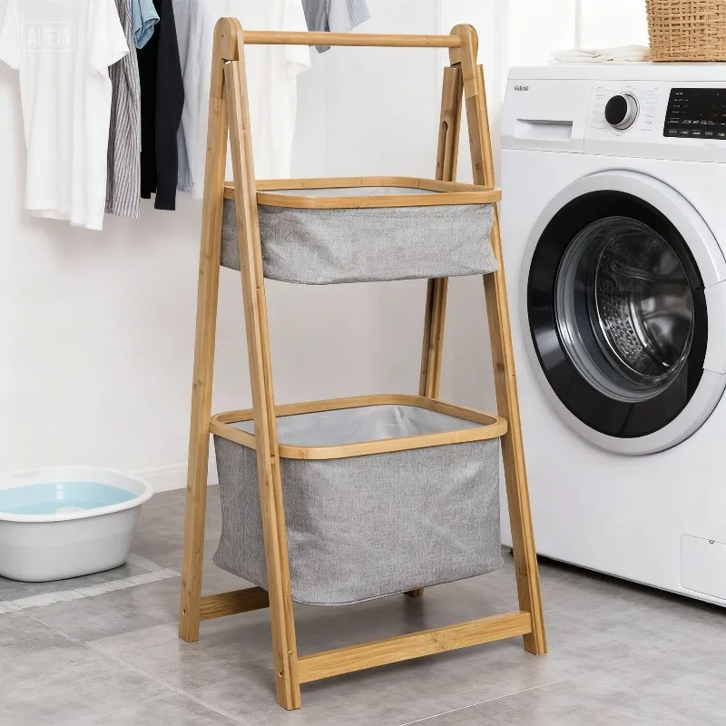 FOR Household Fabric Storage Basket Foldable Laundry Basket Classification Laundry Basket Double-layer Bamboo Storage Rack