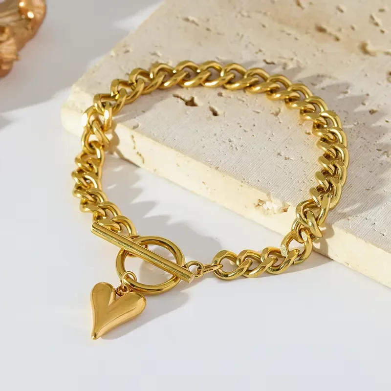 EILIECK 316L Stainless Steel Heart Love Charm Bracelet For Women Trendy 18K Gold Plated Waterproof Wrist Chain Jewelry Gift view 6